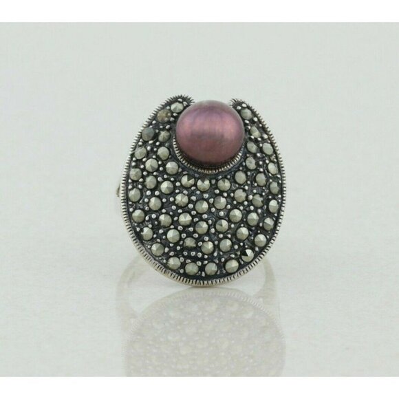 Sterling Silver Brown Pearl and Marcasite Ring Size 7 - Picture 1 of 7